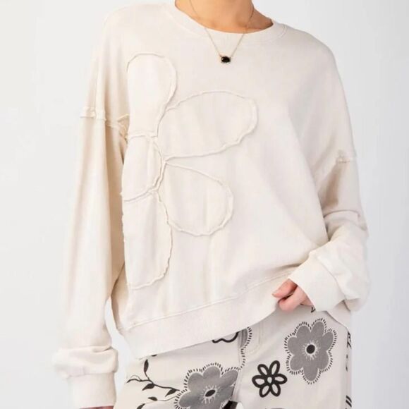 Easel Cream Flower Patch Washed Terry Oversized Pullover Relaxed Boho Large - Picture 2 of 6